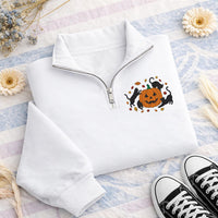 Halloween Cats Embroidered Quarter Zip Sweatshirt, Black Cat Pumpkin Pullover, Halloween Party Layer for Cat Lovers, Cute Festive Gift