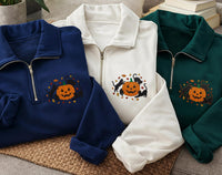 Halloween Cats Embroidered Quarter Zip Sweatshirt, Black Cat Pumpkin Pullover, Halloween Party Layer for Cat Lovers, Cute Festive Gift