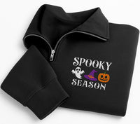 Spooky Season Embroidered Quarter Zip Sweatshirt, Halloween Ghost Pumpkin Pullover, Cozy Autumn Party Layer, Festive Halloween Gift