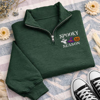 Spooky Season Embroidered Quarter Zip Sweatshirt, Halloween Ghost Pumpkin Pullover, Cozy Autumn Party Layer, Festive Halloween Gift