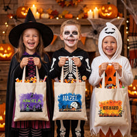 Personalized Halloween Canvas Tote Bag, Custom Name Trick or Treat Bag, Kids Candy Sack, Spooky Party Tote, Halloween Gift for Kids