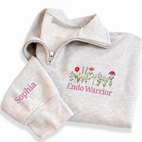 Endo Warrior Embroidered Quarter Zip Sweatshirt, Custom Sleeve Name Pullover, Endometriosis Support Top, Awareness Wear, Gift for Her