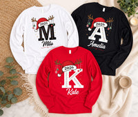 Personalized Family Christmas Shirt, Initial Monogram Holiday Tee, Santa Hat Reindeer Design, Adult Kids Baby Sizes, Christmas Gift 2026