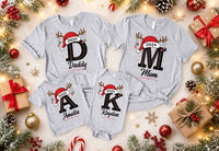 Personalized Family Christmas Shirt, Initial Monogram Holiday Tee, Santa Hat Reindeer Design, Adult Kids Baby Sizes, Christmas Gift 2026