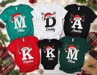 Personalized Family Christmas Shirt, Initial Monogram Holiday Tee, Santa Hat Reindeer Design, Adult Kids Baby Sizes, Christmas Gift 2026