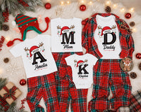 Personalized Family Christmas Shirt, Initial Monogram Holiday Tee, Santa Hat Reindeer Design, Adult Kids Baby Sizes, Christmas Gift 2026