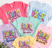 Personalized Grade Teacher Shirt, Custom Teacher Name Tee, Pre-K to Third Grade Top, Cute Dinosaur Classroom Outfit, Back to School Gift