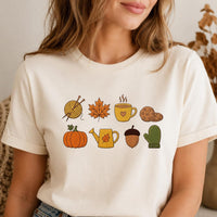 Fall Icons Embroidered Shirt, Cozy Autumn Sweatshirt, Pumpkin Coffee Knitting Hoodie, Holiday T-Shirt, Cozy Fall Gift for Women