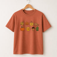 Fall Icons Embroidered Shirt, Cozy Autumn Sweatshirt, Pumpkin Coffee Knitting Hoodie, Holiday T-Shirt, Cozy Fall Gift for Women
