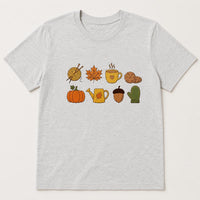 Fall Icons Embroidered Shirt, Cozy Autumn Sweatshirt, Pumpkin Coffee Knitting Hoodie, Holiday T-Shirt, Cozy Fall Gift for Women