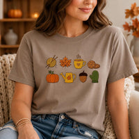 Fall Icons Embroidered Shirt, Cozy Autumn Sweatshirt, Pumpkin Coffee Knitting Hoodie, Holiday T-Shirt, Cozy Fall Gift for Women