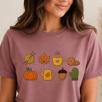 Fall Icons Embroidered Shirt, Cozy Autumn Sweatshirt, Pumpkin Coffee Knitting Hoodie, Holiday T-Shirt, Cozy Fall Gift for Women