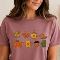 Fall Icons Embroidered Shirt, Cozy Autumn Sweatshirt, Pumpkin Coffee Knitting Hoodie, Holiday T-Shirt, Cozy Fall Gift for Women
