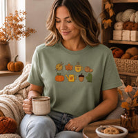 Fall Icons Embroidered Shirt, Cozy Autumn Sweatshirt, Pumpkin Coffee Knitting Hoodie, Holiday T-Shirt, Cozy Fall Gift for Women