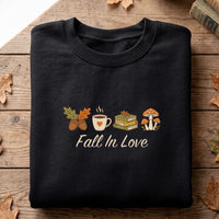 Fall In Love Embroidered Sweatshirt, Autumn Bookish Hoodie, Coffee and Mushroom Shirt, Cozy Reading Crewneck, Book Lover Fall Gift