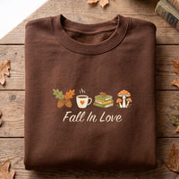 Fall In Love Embroidered Sweatshirt, Autumn Bookish Hoodie, Coffee and Mushroom Shirt, Cozy Reading Crewneck, Book Lover Fall Gift