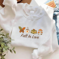 Fall In Love Embroidered Sweatshirt, Autumn Bookish Hoodie, Coffee and Mushroom Shirt, Cozy Reading Crewneck, Book Lover Fall Gift