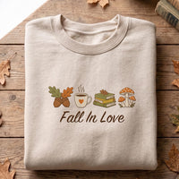 Fall In Love Embroidered Sweatshirt, Autumn Bookish Hoodie, Coffee and Mushroom Shirt, Cozy Reading Crewneck, Book Lover Fall Gift