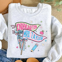 Personalized Kindergarten Teacher Shirt, Custom Mrs Name Tee, Cute Gingham Pennant Design, First Day School Outfit, Gift for Teacher