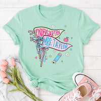 Personalized Kindergarten Teacher Shirt, Custom Mrs Name Tee, Cute Gingham Pennant Design, First Day School Outfit, Gift for Teacher
