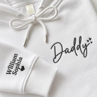 Personalized Dad Embroidered Hoodie, Custom Papa Sweatshirt, Kids Names on Sleeve Shirt, Wear My Heart Crewneck, New Dad Gift for Him