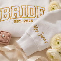 Personalized Bride Embroidered Sweatshirt, Custom Mrs Sleeve Hoodie, Est 2026 Bridal Crewneck, Bridal Party Shirt, Bride Gift for Her