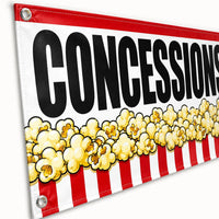 Concessions Popcorn Vinyl Banner Sign, Red White Snack Bar Decor, Waterproof Grommet Display, Event Table Banner, Vendor Booth Sign
