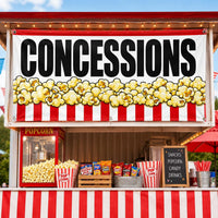 Concessions Popcorn Vinyl Banner Sign, Red White Snack Bar Decor, Waterproof Grommet Display, Event Table Banner, Vendor Booth Sign