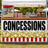 Concessions Popcorn Vinyl Banner Sign, Red White Snack Bar Decor, Waterproof Grommet Display, Event Table Banner, Vendor Booth Sign