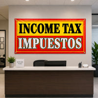 Income Tax Impuestos Vinyl Banner, Bilingual Tax Preparation Sign, Waterproof Outdoor Display, Trade Show Display, Business Banner Sign