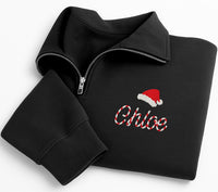 Personalized Christmas Embroidered Quarter Zip Sweatshirt, Custom Name Pullover, Festive Embroidered Top, Candy Cane Name, Christmas Gift
