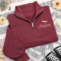 Personalized Christmas Embroidered Quarter Zip Sweatshirt, Custom Name Pullover, Festive Embroidered Top, Candy Cane Name, Christmas Gift