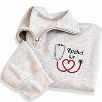 Personalized Nurse Embroidered Quarter Zip Sweatshirt, Custom RN Name Top, Stethoscope Heart Top, Hospital Shift Pullover, New RN Gift