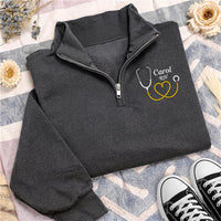 Personalized Nurse Embroidered Quarter Zip Sweatshirt, Custom RN Name Top, Stethoscope Heart Top, Hospital Shift Pullover, New RN Gift