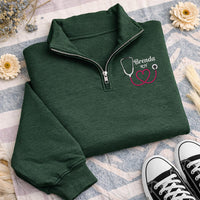Personalized Nurse Embroidered Quarter Zip Sweatshirt, Custom RN Name Top, Stethoscope Heart Top, Hospital Shift Pullover, New RN Gift