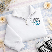 Personalized Nurse Embroidered Quarter Zip Sweatshirt, Custom RN Name Top, Stethoscope Heart Top, Hospital Shift Pullover, New RN Gift