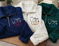 Personalized Nurse Embroidered Quarter Zip Sweatshirt, Custom RN Name Top, Stethoscope Heart Top, Hospital Shift Pullover, New RN Gift