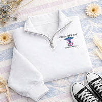 Personalized Nurse Embroidered Quarter Zip Sweatshirt, Custom Name Pullover, Scrub Layering Top, RN Graduation Gift, New Nurse Gift