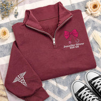 Personalized Nurse Embroidered Quarter Zip Sweatshirt, Custom RN Name Pullover, Bow Stethoscope Top, Scrub Layering Top, New Nurse Gift
