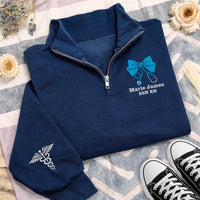 Personalized Nurse Embroidered Quarter Zip Sweatshirt, Custom RN Name Pullover, Bow Stethoscope Top, Scrub Layering Top, New Nurse Gift