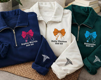 Personalized Nurse Embroidered Quarter Zip Sweatshirt, Custom RN Name Pullover, Bow Stethoscope Top, Scrub Layering Top, New Nurse Gift