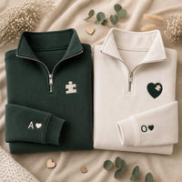 Personalized Couples Embroidered Quarter Zip Sweatshirt, Matching Puzzle Heart Tops, Custom Initial Sleeves, Anniversary Wear, Couple Gift