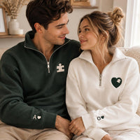 Personalized Couples Embroidered Quarter Zip Sweatshirt, Matching Puzzle Heart Tops, Custom Initial Sleeves, Anniversary Wear, Couple Gift