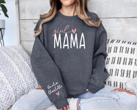 Personalized Girl Mama Sweatshirt, Custom Kids' Names Sleeve Crewneck, Cozy Pink Heart Mom Pullover, Mother's Day Outfit, Gift for Mom