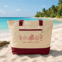 Personalized Beach Tote Bag with Zipper, Custom Names and Date Canvas Bag, Seashell Design, Beach Travel Tote, Anniversary Trip Gift