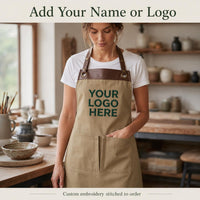 Custom Logo Embroidered Apron, Personalized Business Cooking Apron, Leather Trim Work Uniform, Custom Business Apron, Branded Kitchen Gift