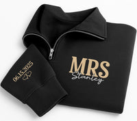 Personalized Mrs Embroidered Quarter Zip Sweatshirt, Custom Name and Date Top, Wedding Weekend Pullover, Newlywed Outfit, Bride to Be Gift