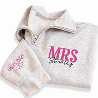 Personalized Mrs Embroidered Quarter Zip Sweatshirt, Custom Name and Date Top, Wedding Weekend Pullover, Newlywed Outfit, Bride to Be Gift