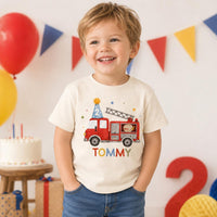 Personalized Fire Truck Birthday Shirt, Custom Name and Age Toddler Tee, Watercolor Fire Engine Top, 2nd Birthday Outfit, Gift for Toddler