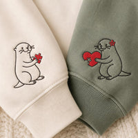 Matching Otter Embroidered Sweatshirt, Puzzle Heart Couple Hoodie, Cute Otter Sleeve Shirt, Anniversary Gift, Valentines Gift for Couple